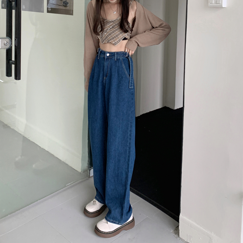 145 short man 150 women's clothes retro dark blue Korean version high waist thin straight tube wide leg ground dragging denim pants XS