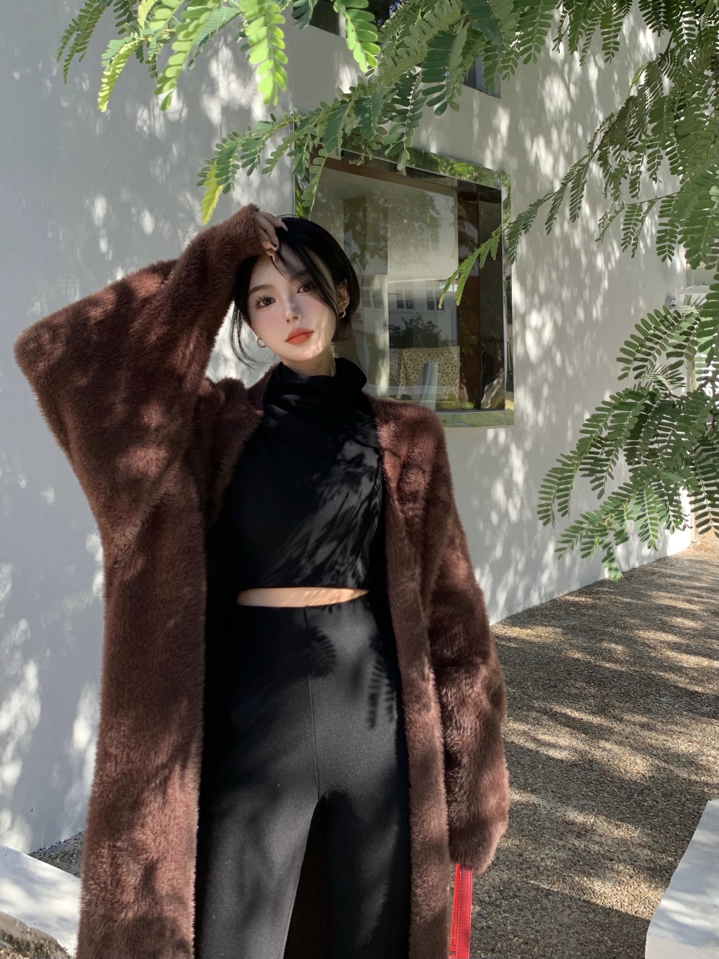 Real price foreign style wide leg pants comfortable leisure two-piece set of soft waxy mink cardigan medium and long wool coat