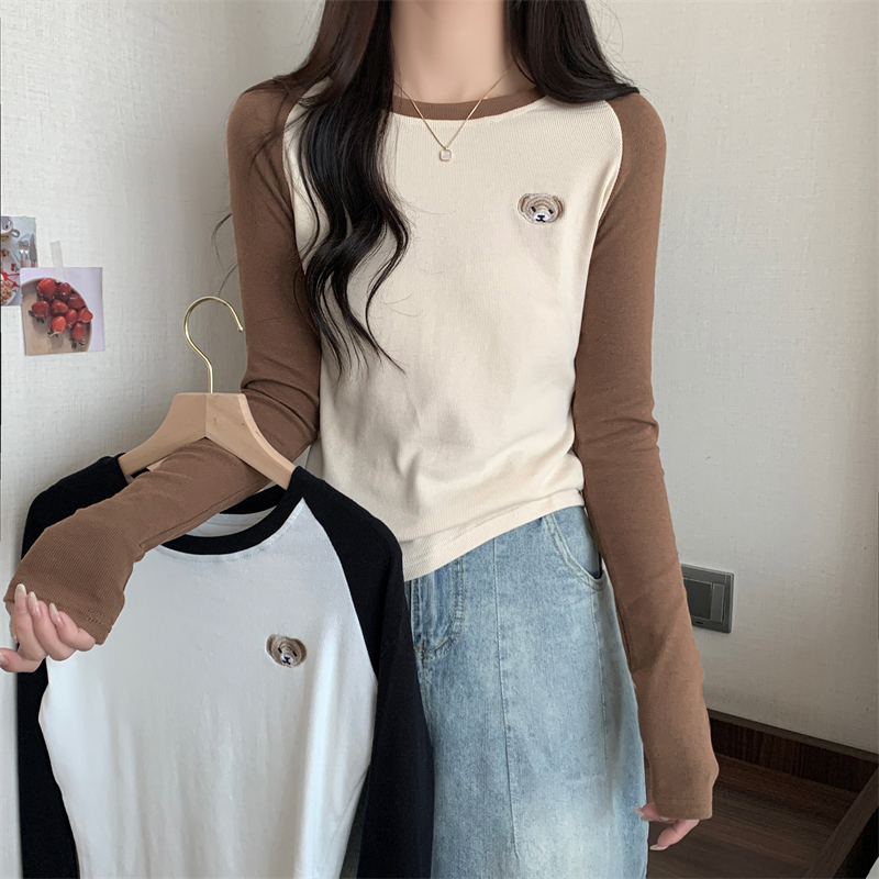 Real shot with ammonia double-sided German velvet 2022 bottoming shirt women's semi-round neck warm long-sleeved T-shirt embroidered contrast color top
