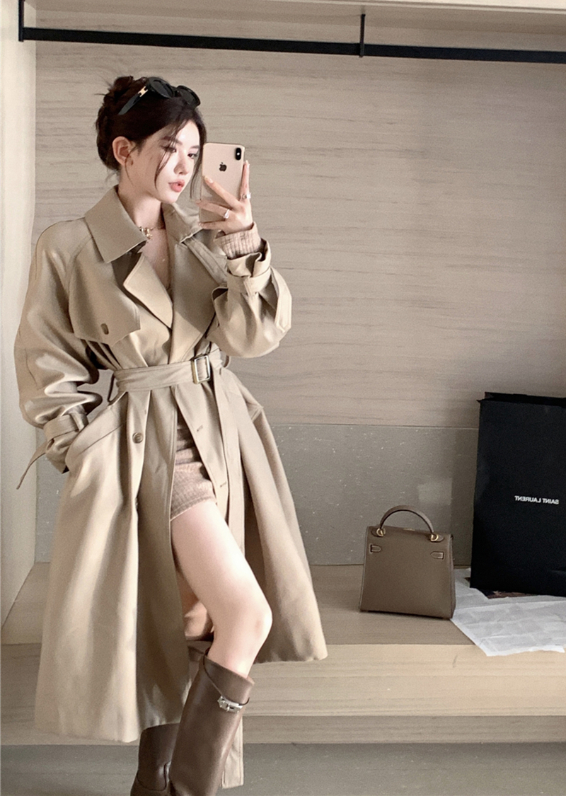Real shot of spring long khaki windbreaker jacket for women British style drape casual coat belt