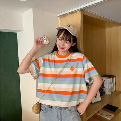 Korean summer super fire college wind stripe short sleeve t-shirt female student half sleeve top loose T-shirt fashion