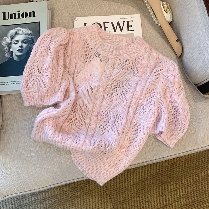 Pink bubble sleeve hollowed out sweater women's summer 2022 new thin Korean soft style sweet and chic knitted short sleeves