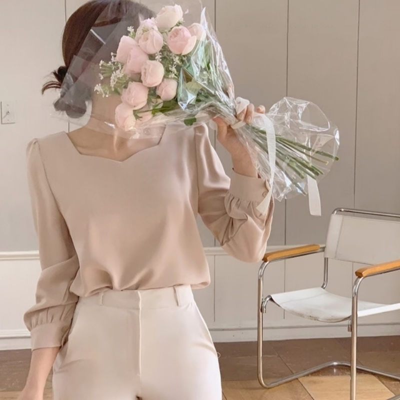 Korean chic, simple, love square collar, puff sleeves, all-match pullover, gentle solid color shirt
