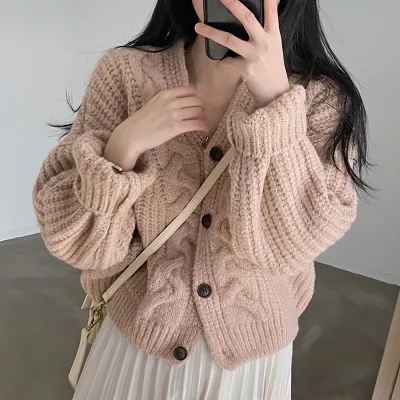 Korean chic autumn simple lazy style V-neck bubble sleeve hemp pattern loose knit cardigan sweater jacket women