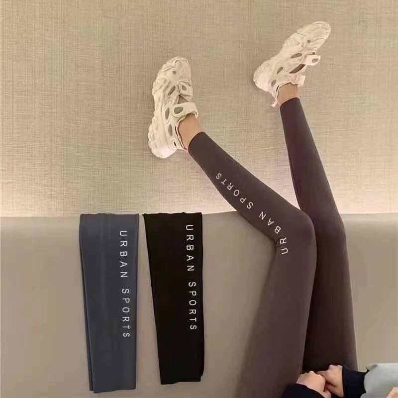 Real price letter printing shark skin Leggings for women's outer wear slim leg pressure yoga pants with small feet and velvet