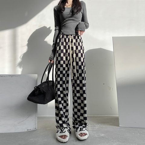 Spring and autumn chessboard wide leg pants women's high waist hanging feeling floor dragging casual pants