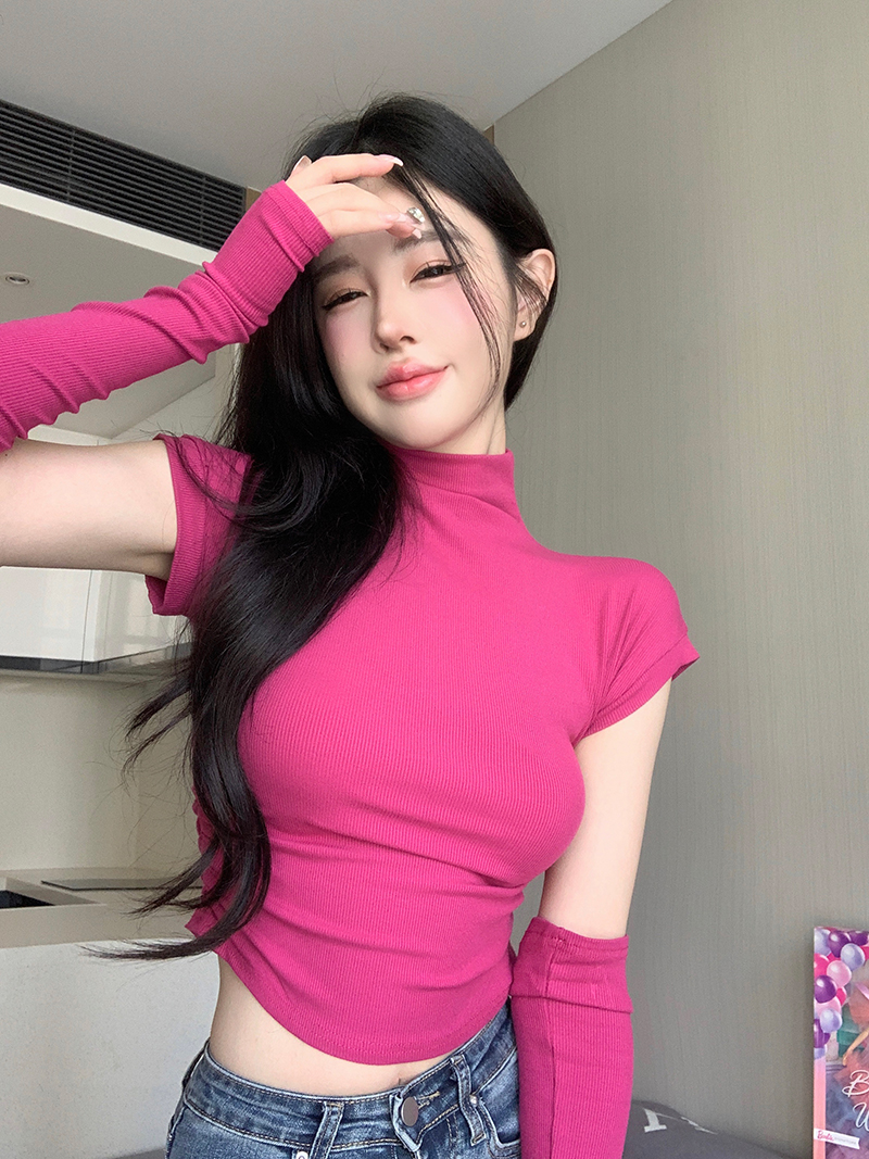 Real shot real price Half turtleneck T-shirt women's short bottoming shirt with sleeves hot girl top