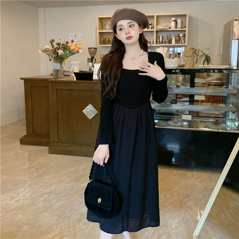 Large size retro skirt black new French niche design sense of gentle wind square collar stitching slim fake two-piece long skirt
