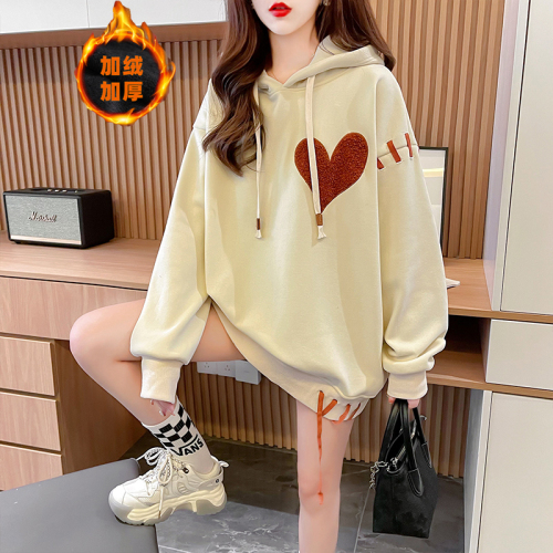 Real shot collar composite anti-pilling plus velvet winter embroidery stitching color-blocked patch thickened hooded sweater women