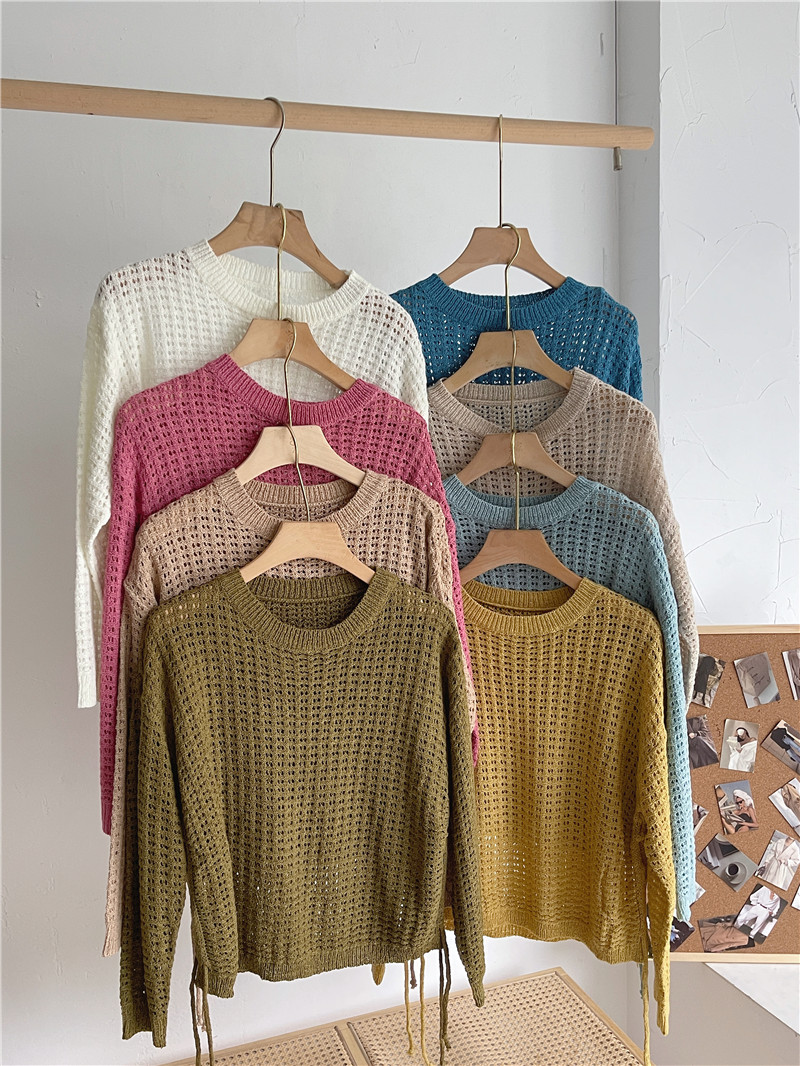 Real shot design sense drawstring hollow out knitted long sleeve bottoming shirt women's 2022 autumn Korean Pullover round neck top