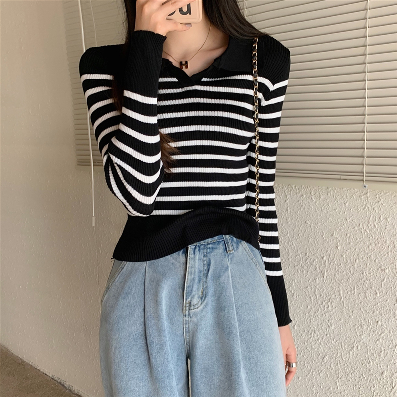 Real price lazy polo collar stripe contrast color long sleeve knitted bottomed shirt T-shirt women's sweater
