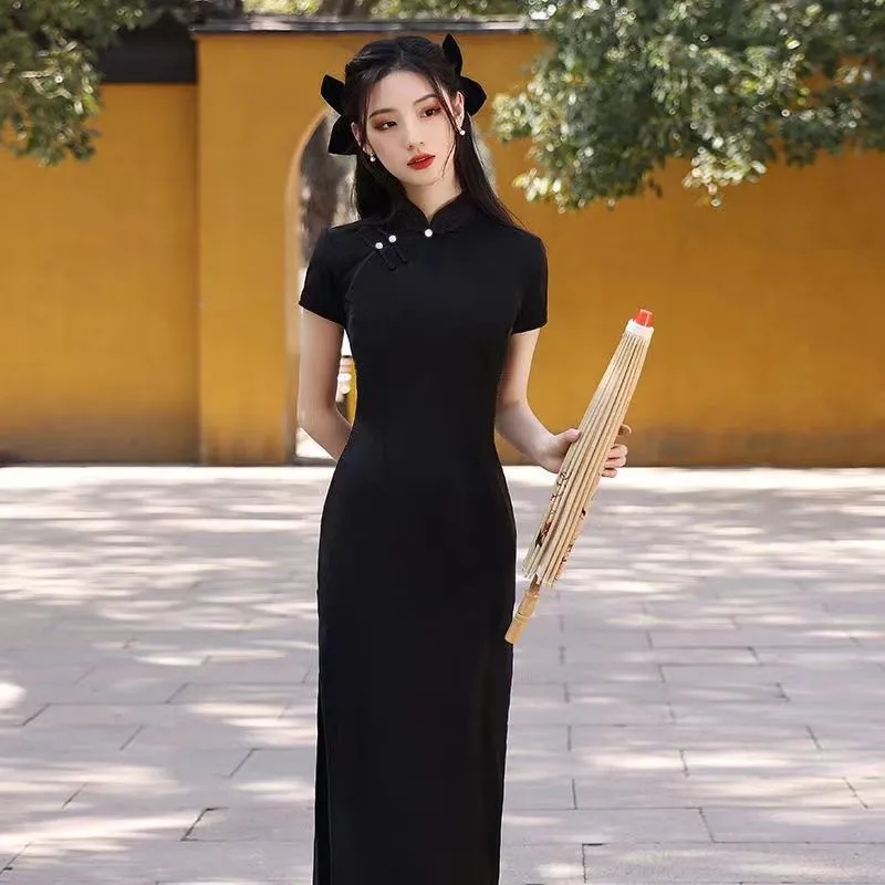 Cheongsam 2022 new women's summer black high-end noble young girls daily retro improved dress