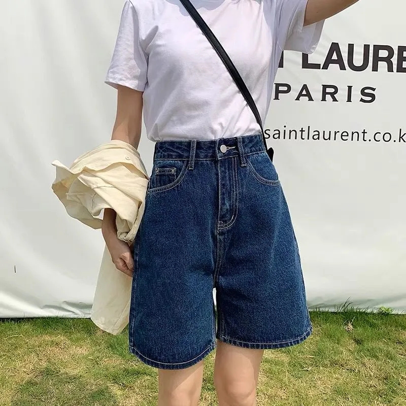 High waist denim shorts women's summer thin style loose 2021 new wide leg Capris are thin, large straight pants