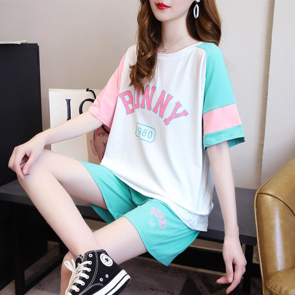Real shot new style sportswear Shorts Set women's summer Korean color matching short sleeve two piece set fashion