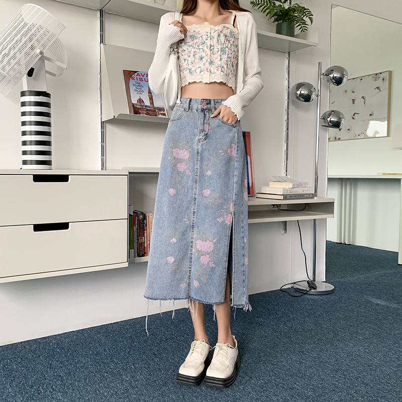 Real shot high waist split rose denim skirt women's medium length summer versatile loose A-shaped buttock skirt