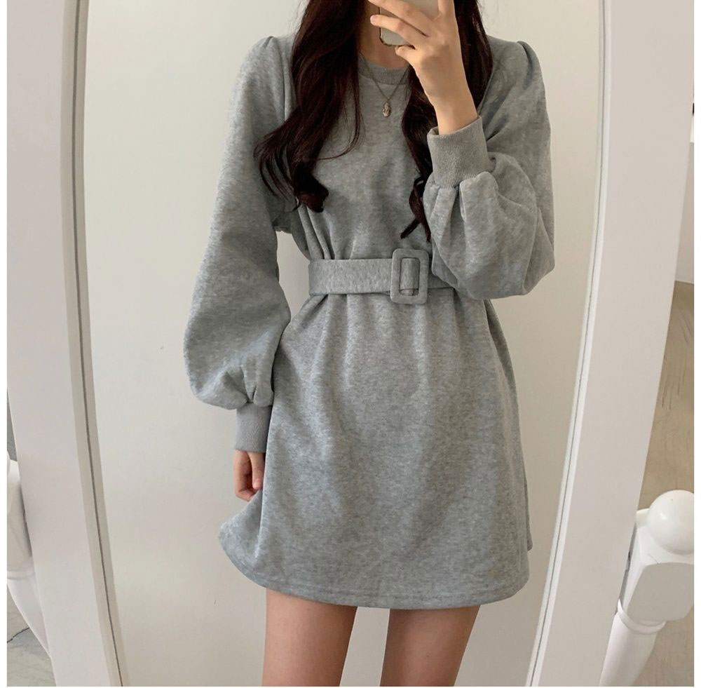 Basic versatile Plush sweater dress with belt