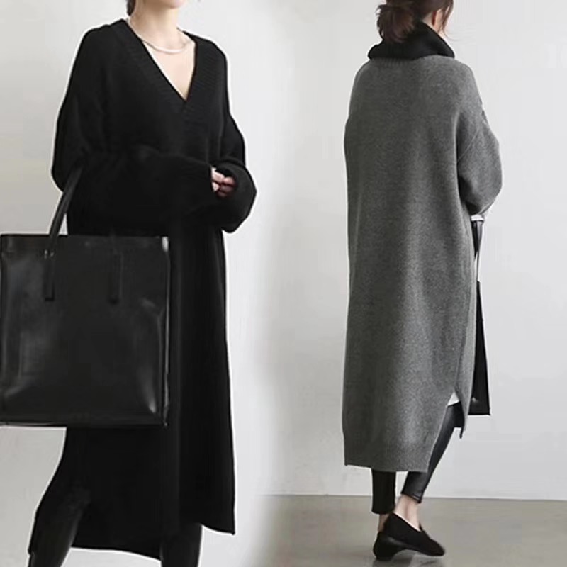 Korea early autumn 2021 new wool dress V-neck knitted pullover bottoming shirt large loose over knee long skirt