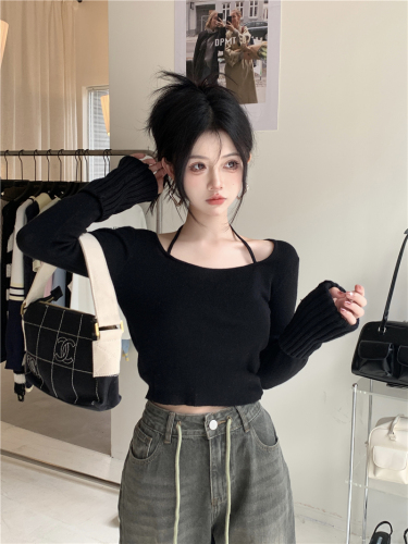 Real shooting real price Versatile design sense square neck halter slim solid color long-sleeved knitted sweater