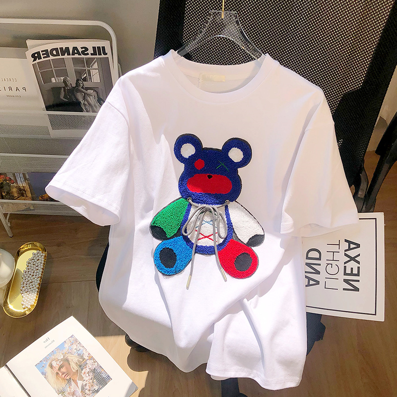2022 summer Korean heavy industry color matching bear short sleeve round neck loose large women's top 100% cotton back bag