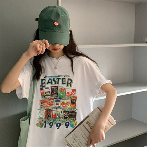 2023 summer new Hong Kong style white printed short-sleeved T-shirt loose slim round neck thin section bottoming shirt women