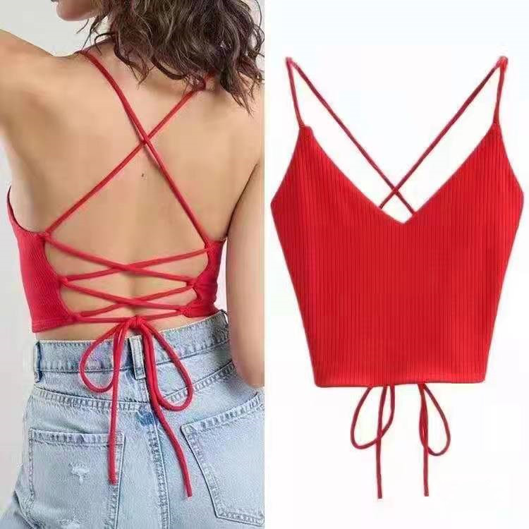 New sexy and beautiful back cross tied rope knitted bottomed top high waist suspender vest women's fashion
