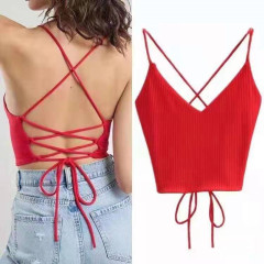 New sexy and beautiful back cross tied rope knitted bottomed top high waist suspender vest women's fashion