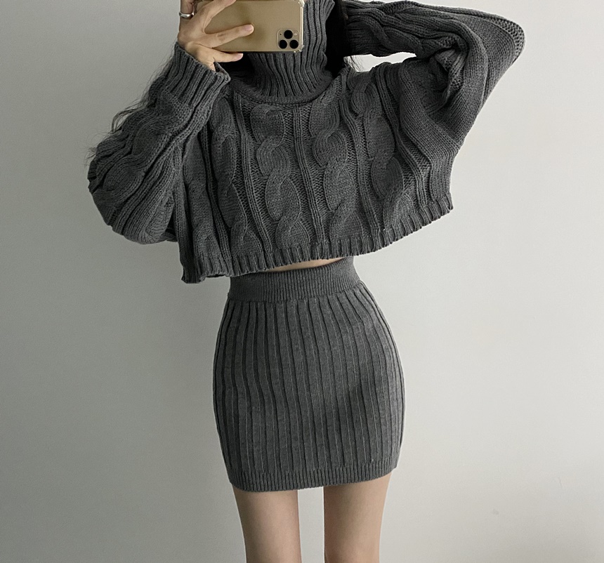 Two piece hemp high neck short sweater set