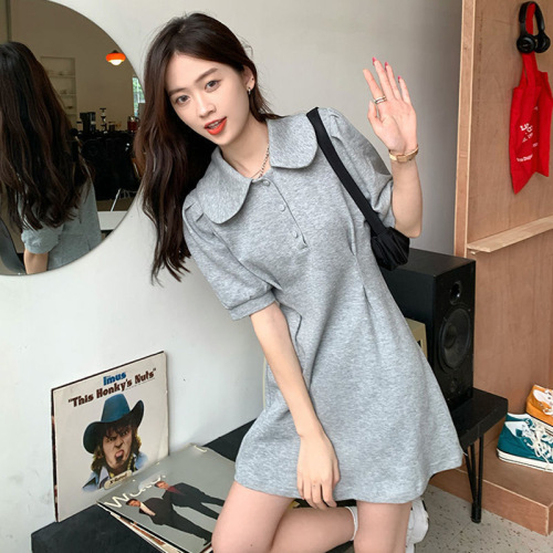 Gray POLO collar dress women's summer 2023 new small French retro chic puff sleeve skirt