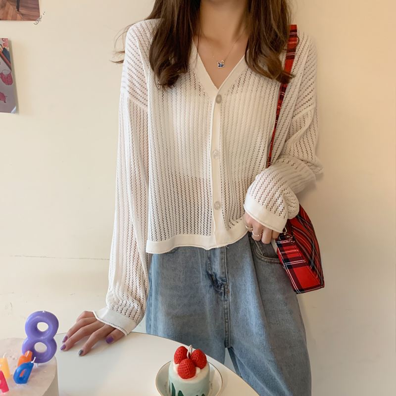 Ice silk knitted cardigan sunscreen women's 2022 new summer long sleeve Joker air conditioning blouse hollow thin coat