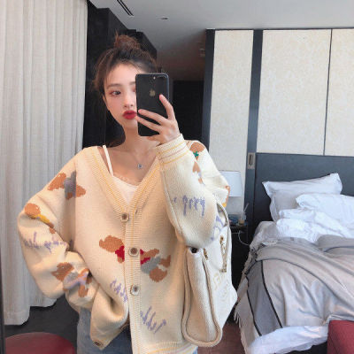 Bear knitted cardigan women's 2020 loose lazy style V-Neck Sweater Coat medium length college style