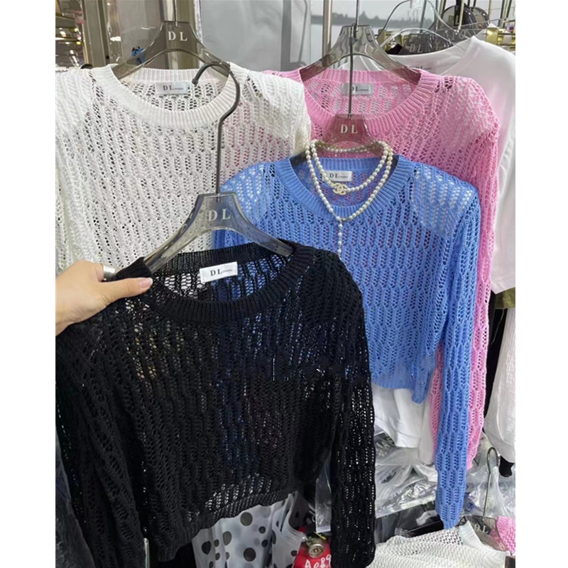 2022 summer new long sleeve shoulder pad round neck hollow out mesh casual versatile knitwear short sunscreen top women