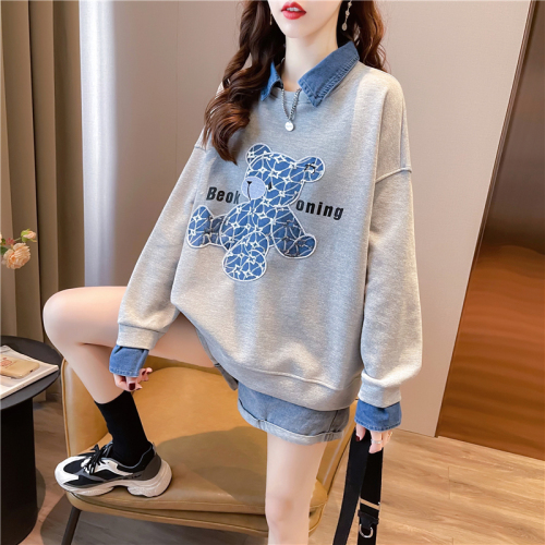 Real shot autumn and winter new Korean version 330g retro can not ball round neck cartoon loose large size plus velvet sweater women