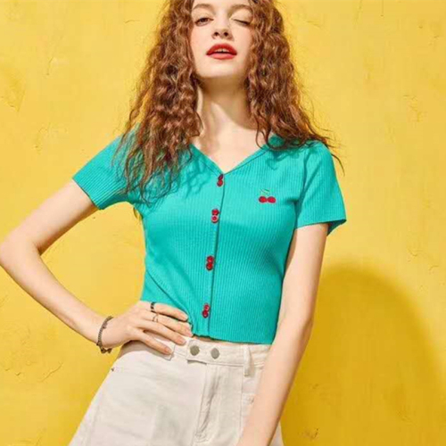 Cute embroidery small cherry contrast button short sleeve Pullover T-Shirt Top Female