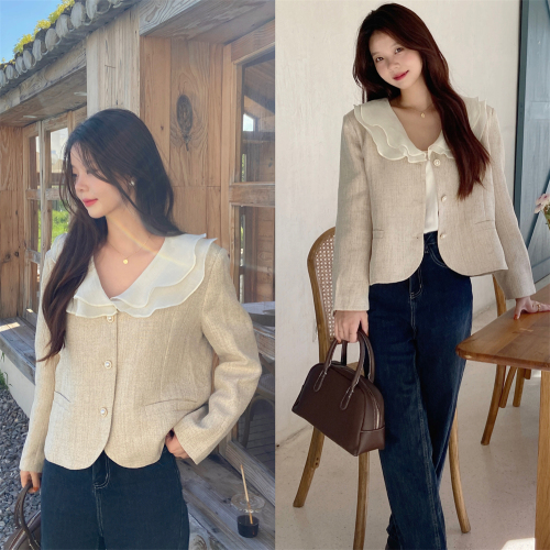 Real shot!  Fashion age-reducing lotus leaf collar short jacket top women's  early autumn Western chic small suit