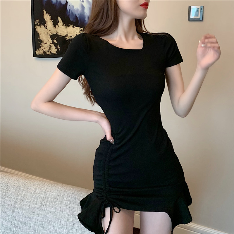 Real shot temperament irregular Ruffle drawstring slim dress real price