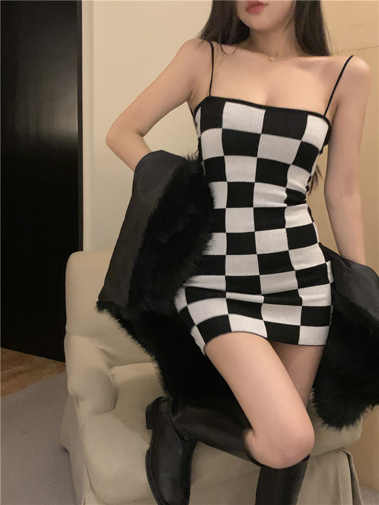 Checkerboard bra suspender dress women's dress spring and summer minority Spice Girl color contrast skirt with bottom skirt inside the hip