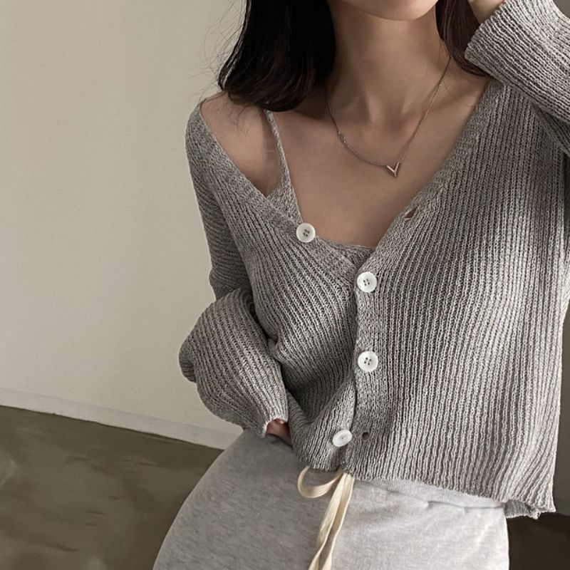 Net Price Korean Knit Suit Adjustable Camisole + Long Sleeve Sun Protection Knit Cardigan Women