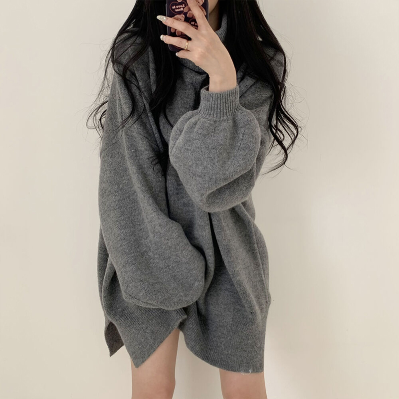 Real price high neck bubble sleeve sweater Korean loose large medium and long hem split knit top