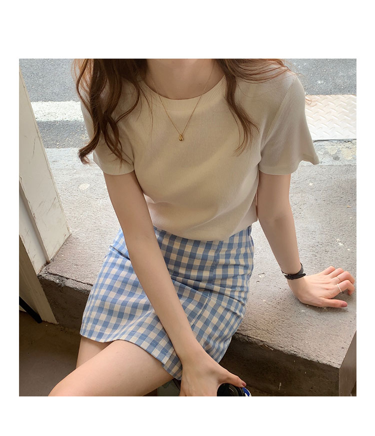 Short-sleeved T-shirt for women milk blue 2023 summer new ins Internet celebrity elastic slim pit striped half-sleeved top trendy