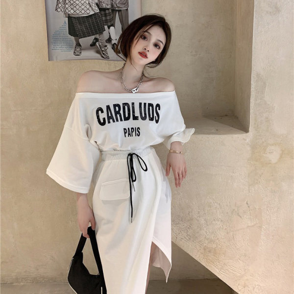 Design sense short one shoulder top irregular split skirt two piece set