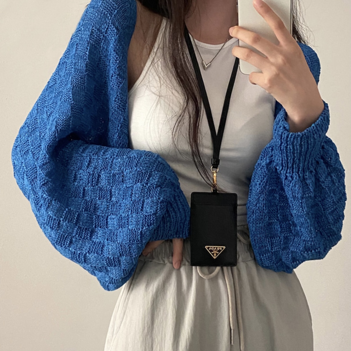 Net price Korean chic spring and autumn shawl top women's checkerboard plaid lazy loose lantern sleeve knitted cardigan