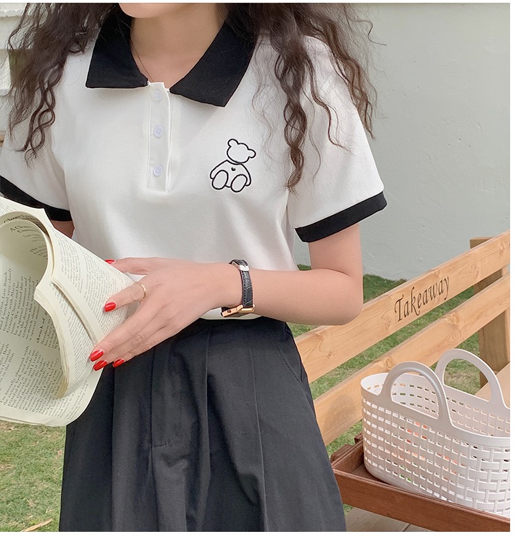 College casual bear pattern contrast polo collar short sleeve minority t-shirt female age reduction