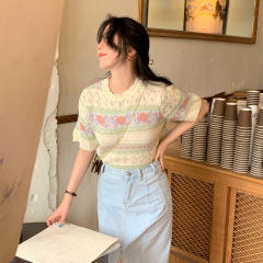 Angela's new summer pure fit knitted shirt hollow out thin top women's T-shirt