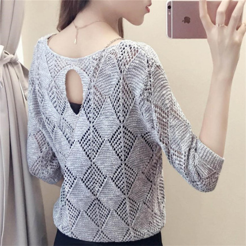 Spring and Autumn New Women's fashion loose seven sleeve knitwear women's Pullover short sweater hollow out blouse thin