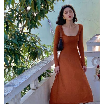 Hong Kong style retro 2020 autumn new style square neck long sleeve knitted dress women's high waisted slim dress