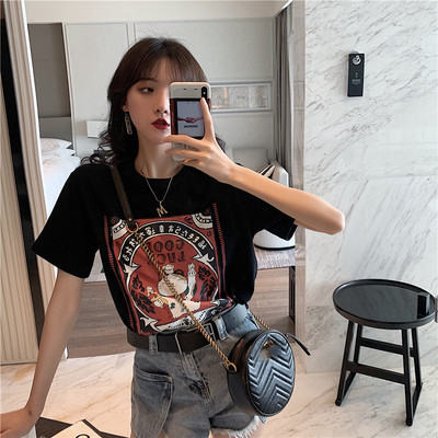 Screen red printing versatile loose bottomed top spring 2021 new Korean lazy style white short sleeve T-shirt for women