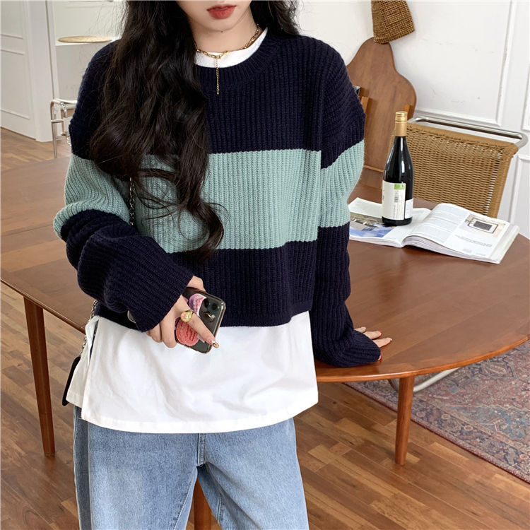 Striped sweater retro Hong Kong style women wear loose Korean version ins tide lazy wind short knitted sweater Mori coat