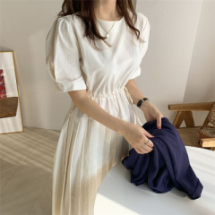 South Korea gentle wind off white short sleeve Pleated Dress children's drawstring waist show thin design feeling in summer
