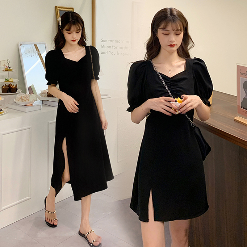 Large size French Hepburn style slit dress 2023 new fat MM design slimming little black dress for women summer