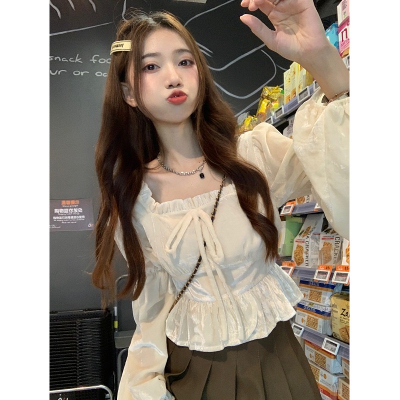 French design sense bow square collar velvet shirt female autumn dress accept waist show thin shirt short top